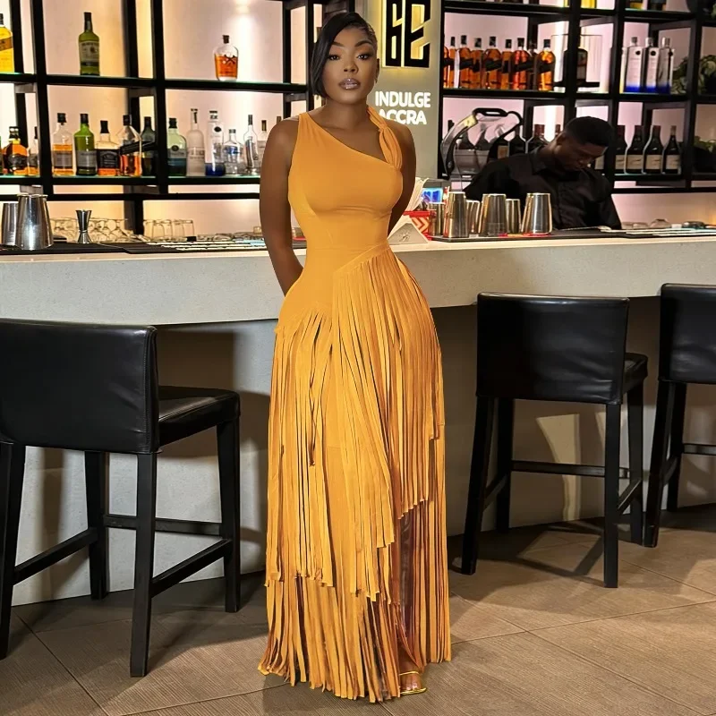

GUWU Women's Solid Color Tassel Dress Elegant Slim Fit Maxi Long Dress