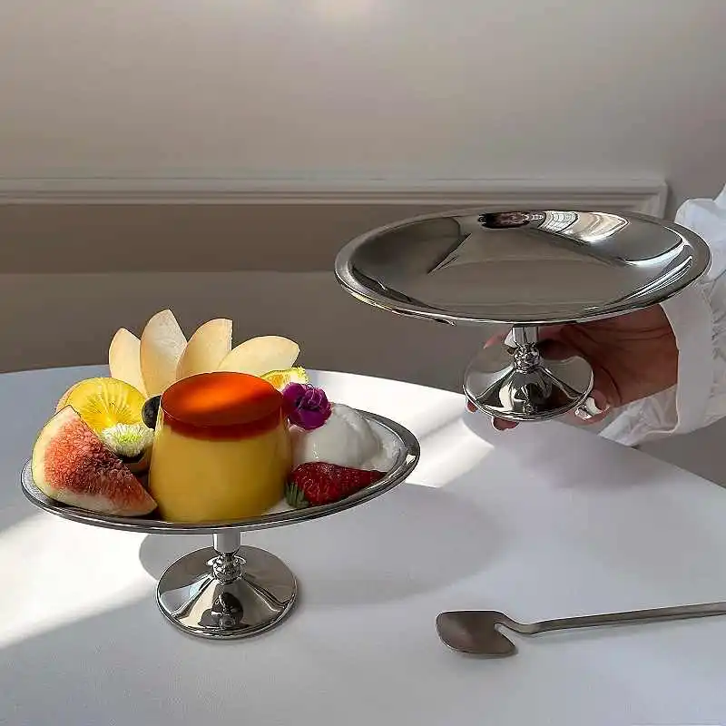 

Vintage Stainless Steel Oval High Footed Plate Afternoon Tea Dessert Cake Pastry Plate Exquisite Fruit And Snack Tray Decoration
