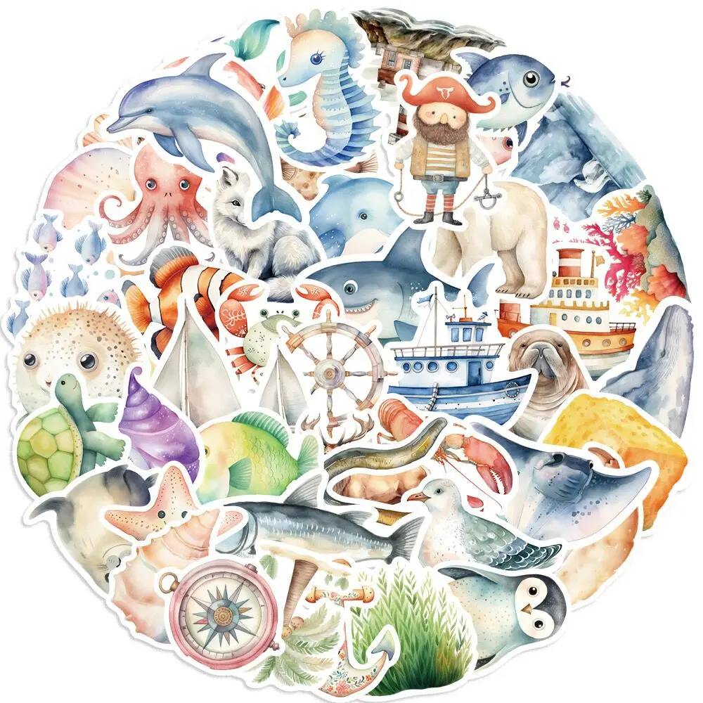 10/50PCS Cute Marine Sea Animal Cartoon Aesthetic Stickers Ocean Life Decals DIY Fridge Laptop Phone Diary Decoration Sticker