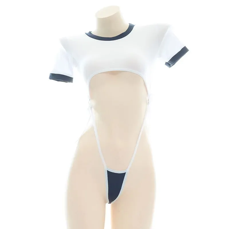 Lindo body sexy de lencería con aberturas, ropa de cosplay de anime, uniforme de estudiante femenina, conjunto transparente de cintura alta para estudiante.