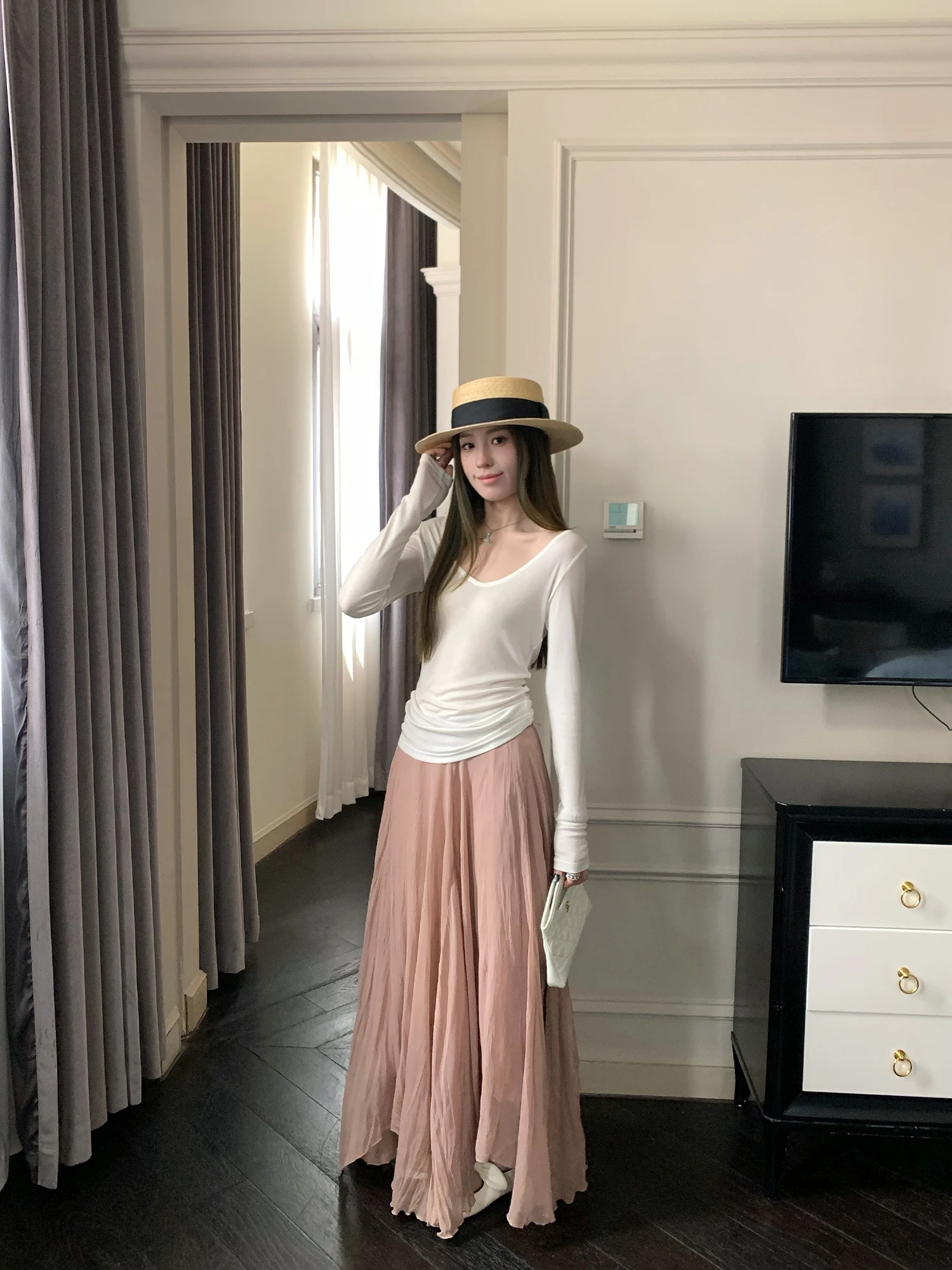 

Pink Asymmetrical f-length A-line Tulle Skirt for Women Gentle And Slimming High-waisted Casual Sle No-slit Loose Fit