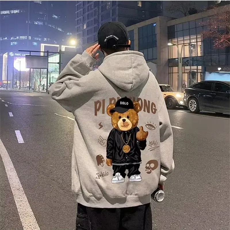 Fall Winter Fashion Bear Printed Women Hooded Loose Fleece Warm Tracksuit Sports Streetwear Fashion Hoody Casual Sweatshirt