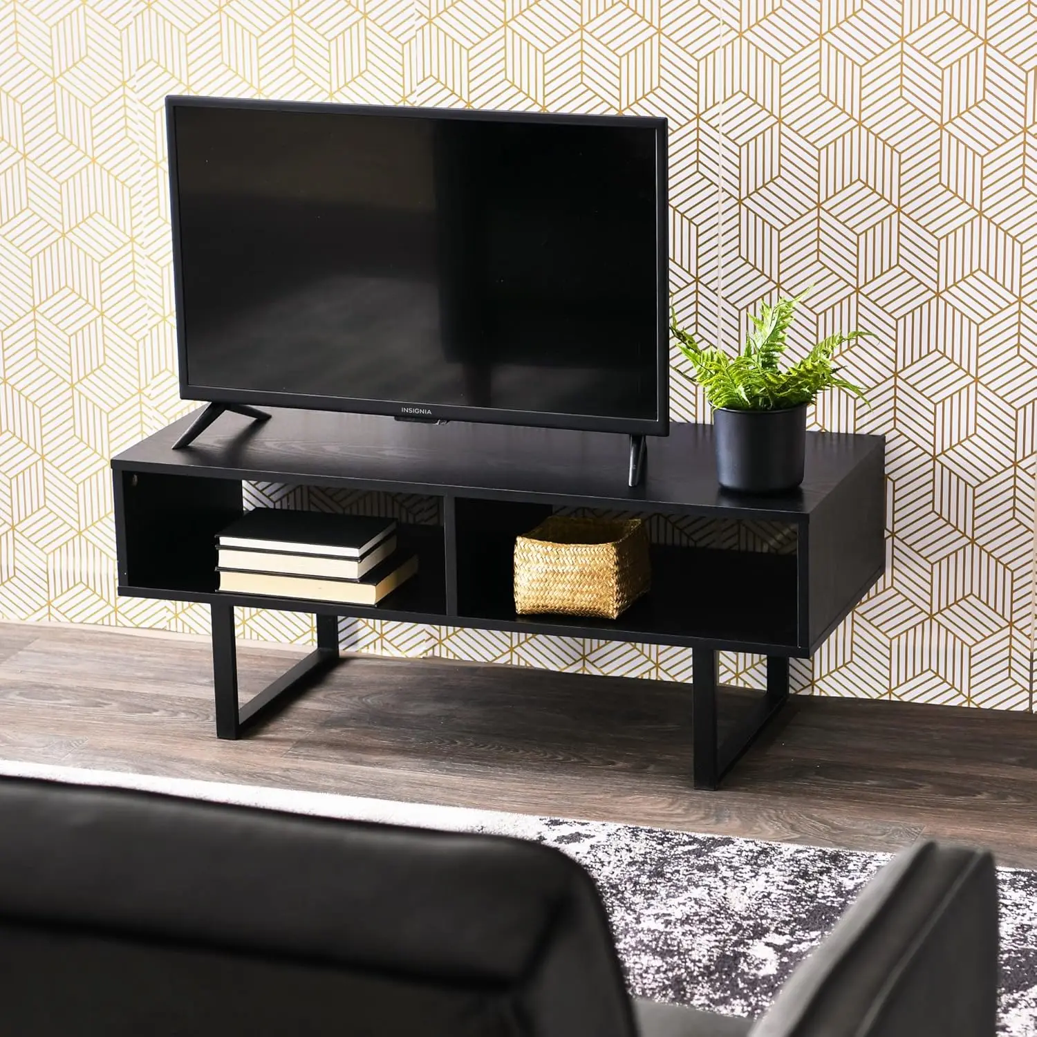 Household Essentials Jamestown TV Stand Coffee Table with Rectangular Storage Compartments Black Oak Wood Grain and Black Metal