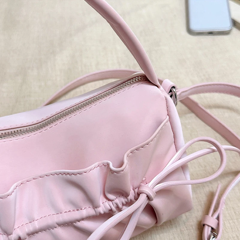 Schicke Umhängetasche mit Schleife und plissiertem Kordelzug, zylindrische Handtasche, Damen-Kissentasche mit abnehmbarem Riemen, Reißverschluss oben – Detail 6