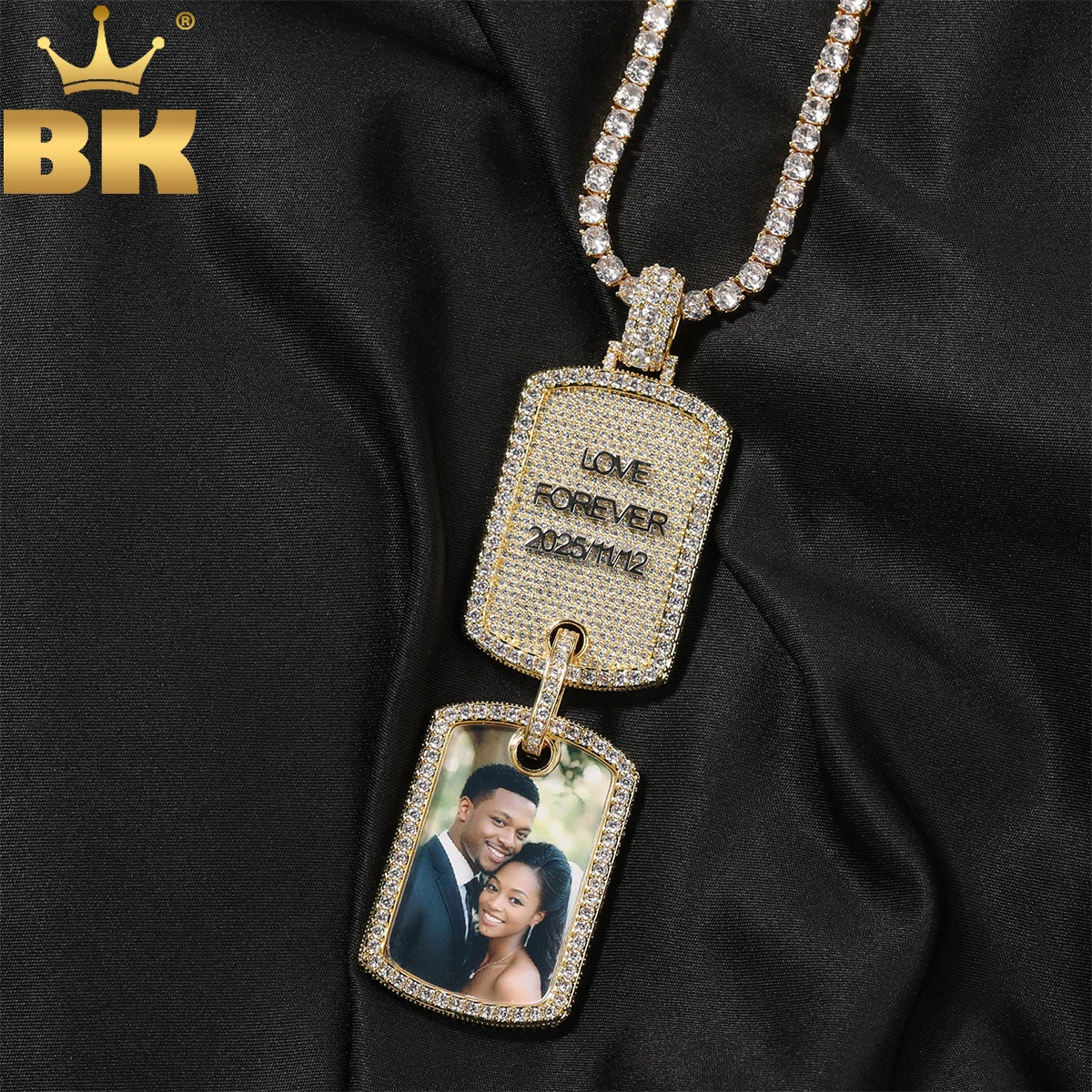 

THE BLING KING Custom Rectangle Tag Shape Photo Pendant Necklace Personalized Name Letters Engraved Memory Gift HipHop Jewelry
