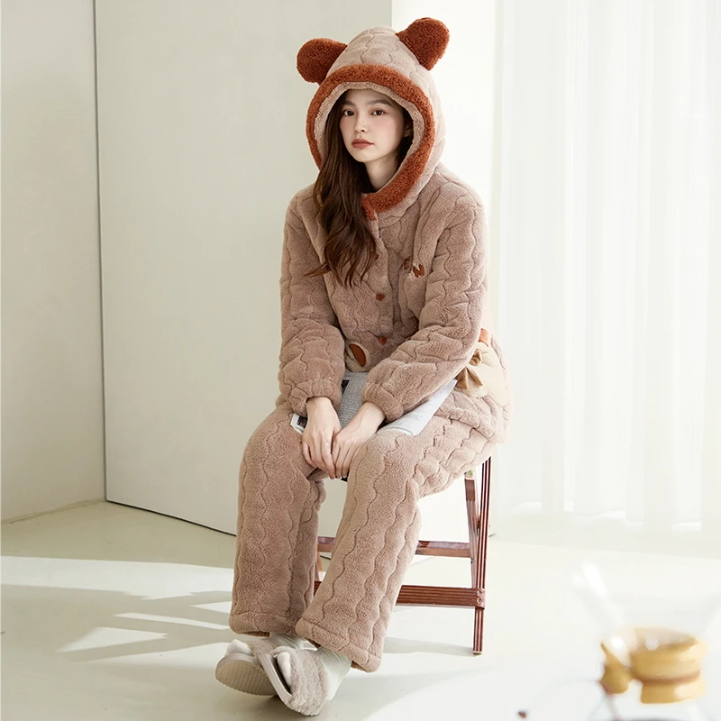 High Quality Winter Women Pajamas Set 3 Layer Clip Cotton Pijama Female Thick Warm Cute Cartoon Sleepwear