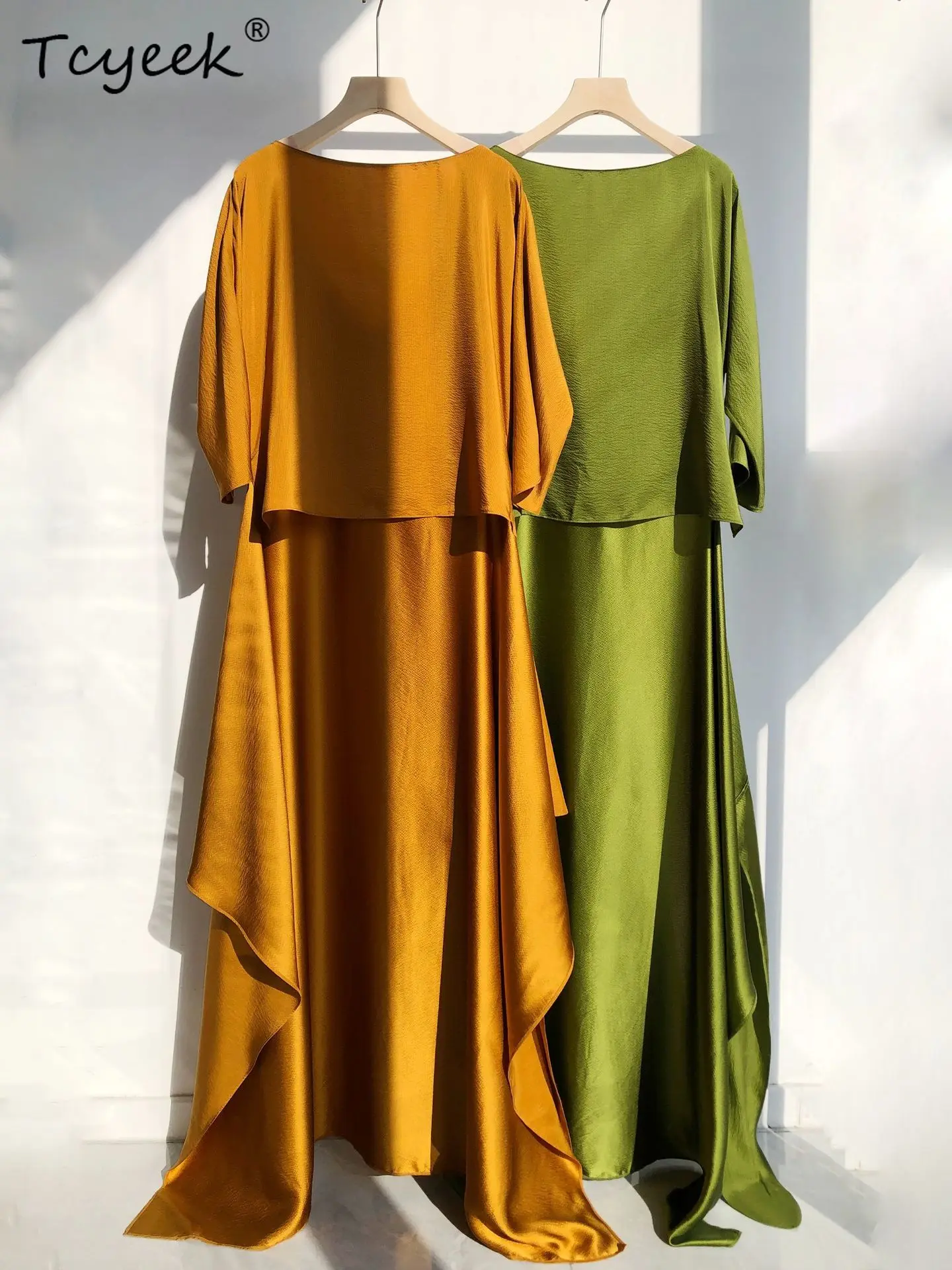 Tcyeek 17mm 100% vestido de chá de seda amoreira, mulher pérola cetim fora do ombro meia manga moda maxi vestido, 2025 summerd54604jf