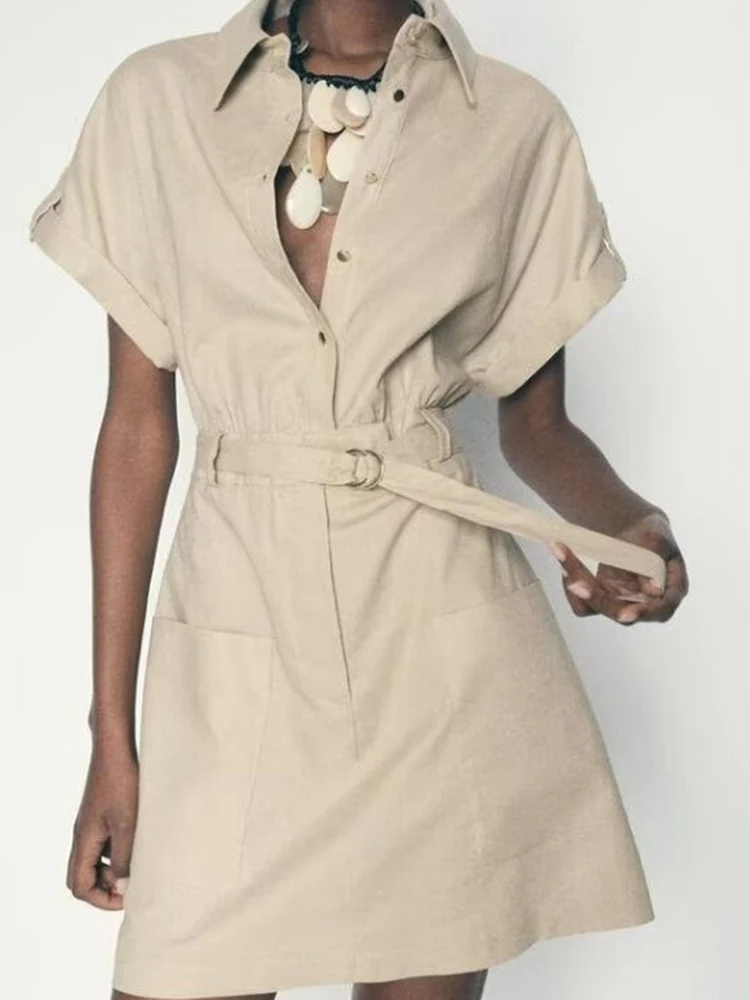 

Женское льняное платье-рубашка, повседневное однотонное платье с коротким рукавом и поясом-кушаком, элегантное уличное мини-платье, одежда, лето 2024