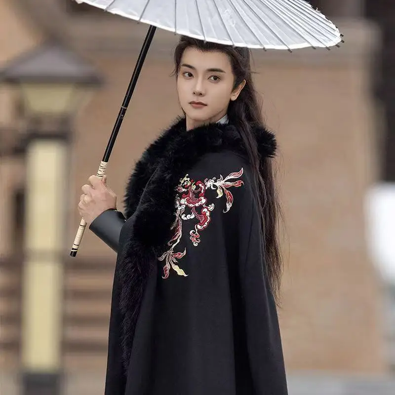 Original Men's Cloak Begonia Flower Embroidery Plush Collar Long Outer Robe Stylish Cool Swordsman Cape Thicken - Image 4