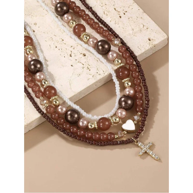 4pcs/Set Vintage Elegant Multilayer Pearl Cross & Heart Pendant Necklace Set, Fashion Accessory For Daily, Date, Party
