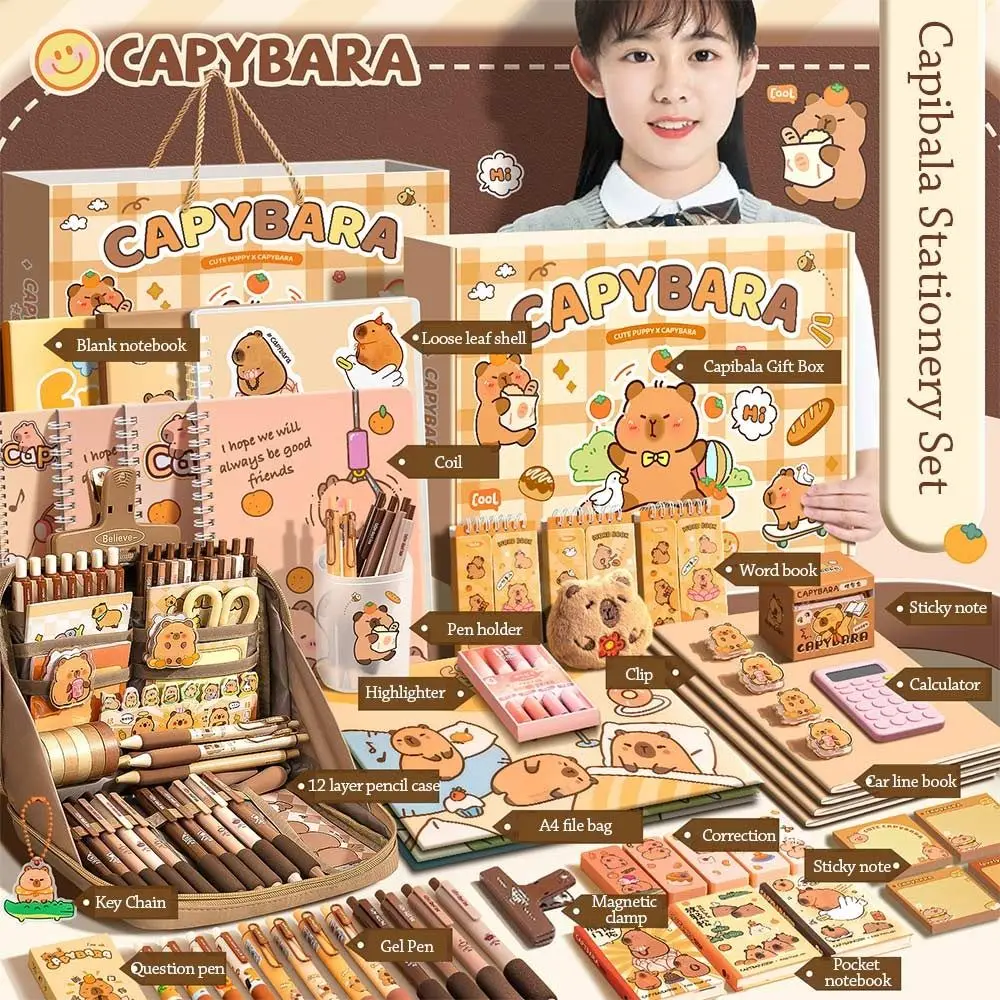 

Large Capacity Gift Box Capybara Stationery Set Abundant Cute Study Stationery Pencil Case Back-to-school Gift Kit for Students