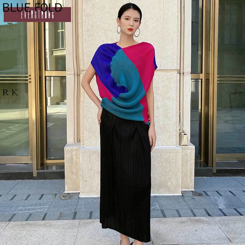 Miyake Pleated Slim Top, European and American Style, Color Matching, Loose Fashion, Personality Temperament, Summer, New