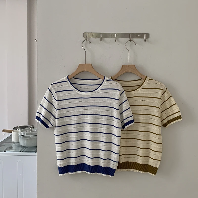 

Spring and summer new women's short sleeved 100% cotton striped knitted T-shirt women's O-neck pullover knitted sweater