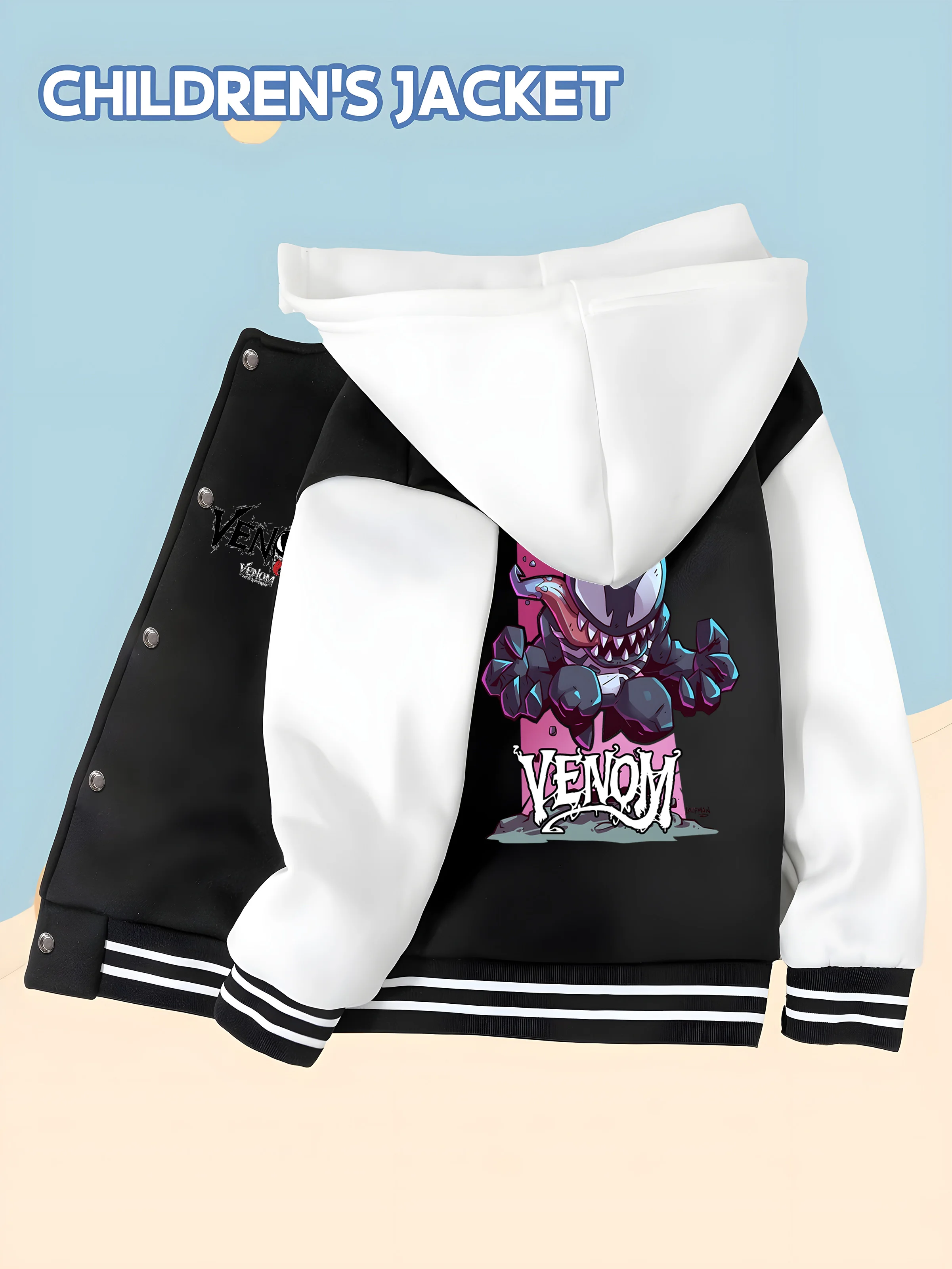 

MINISO Marvel Boys' Baseball Jacket - Cute Venom Print, Double-sided Pattern, Comfortable Fabric, Black and White, Fashionable f