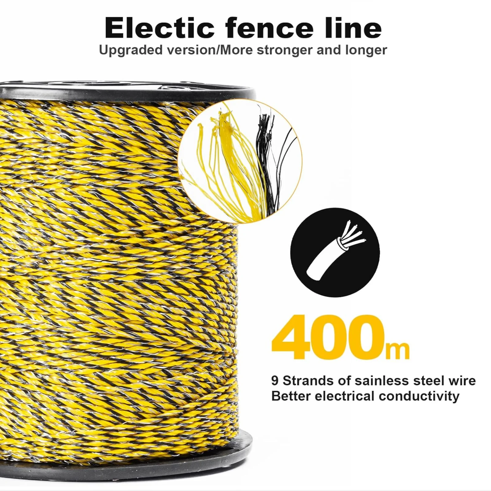 400 Meters Electric Fence Rope Polywire 9 Stainless Steel Strands for Reliable Conductivity and Rust Resistance, Easy to Install