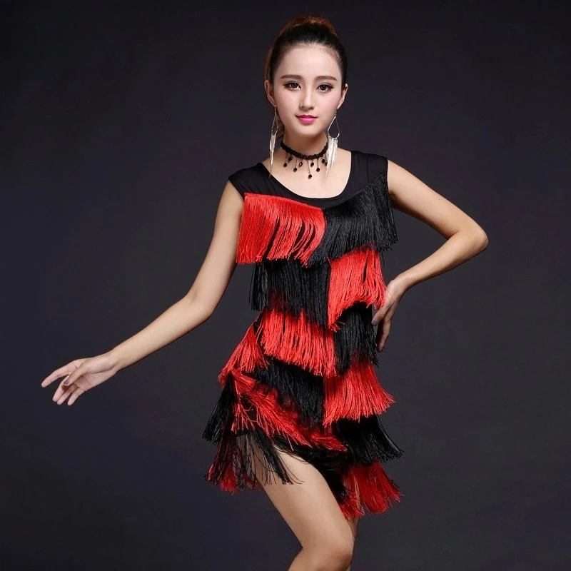 Latin Dance Dress Tassel Fringe Sexy Dress Dancing Costumes for Women Evening Party Elastic Short Dress Performance Clothing