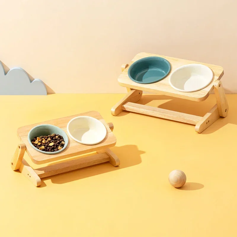 

UFO Ceramic Oak high shelf tableware set Height adjustable Puppy double food bowl small dog water Kitty Cat feeder Pet supplies