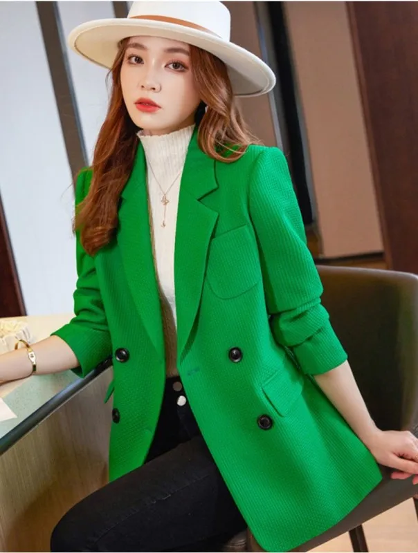 Womens Casual Blazer Orange Black Green Waffle Long Sleeve Double Breasted Ladies Business Work Wear Jacket For Autumn Winter