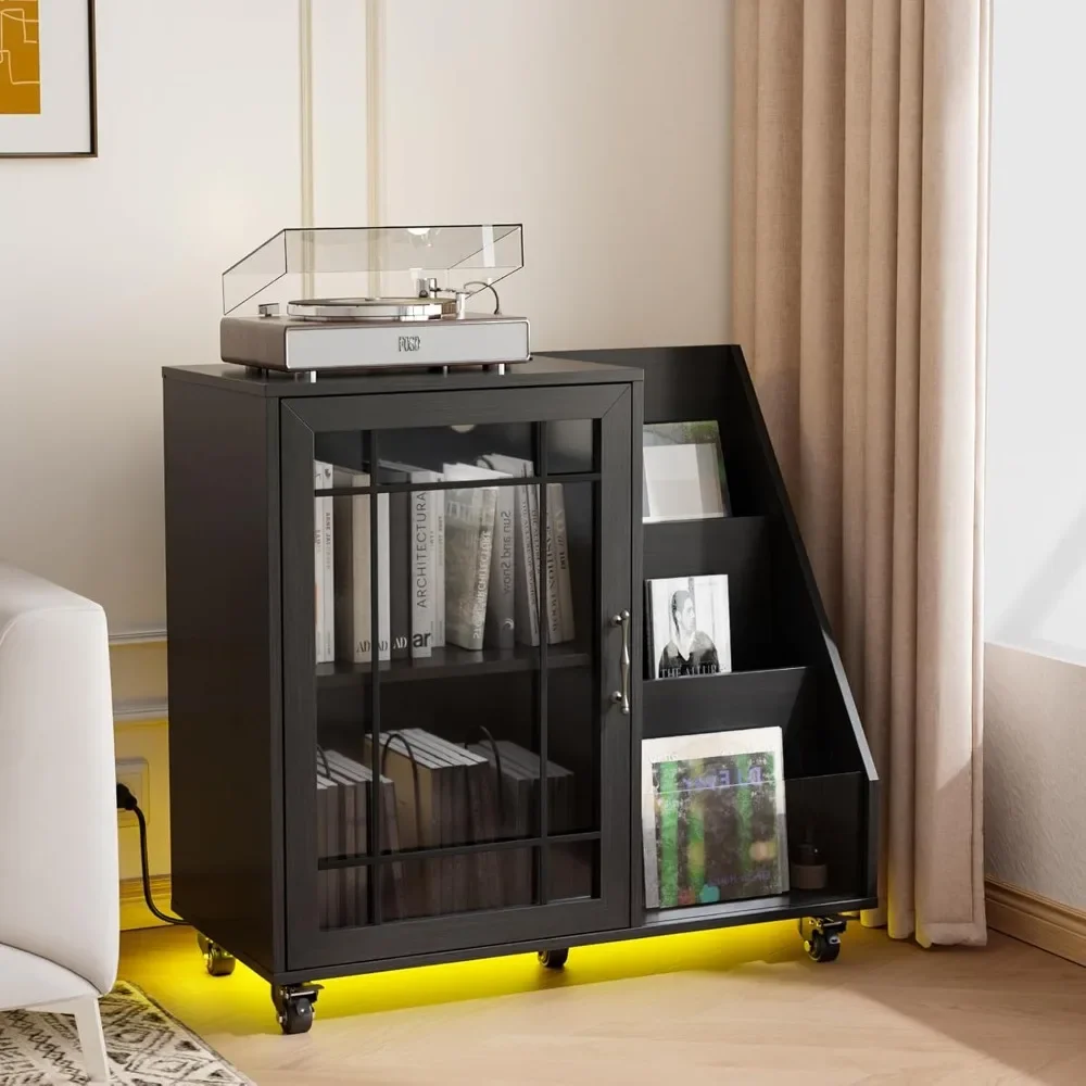 Record Player Stand with Vinyl Storage, Vinyl Record Holder Up to 350 Albums, Record Player Table with LED Lights, Black