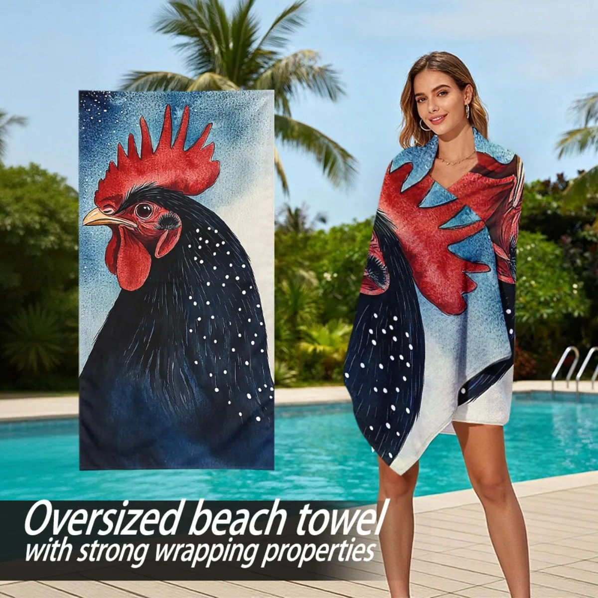 

Watercolor style black rooster theme polyester microfiber beach towel is highly absorbent, suitable for swimming beach outings