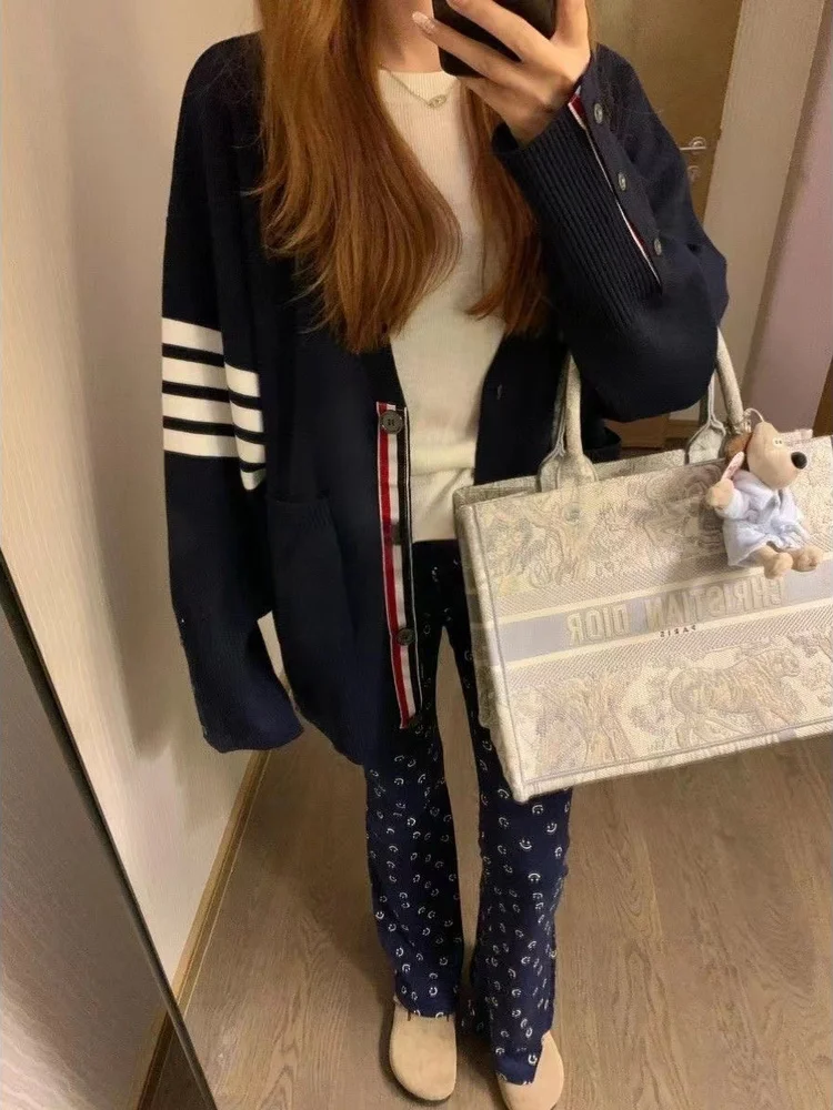 

Корейский ранний осенний полосатый цветной вязаный кардиган Aosphere, женский осенне-зимний свитер для колледжа, Jaet