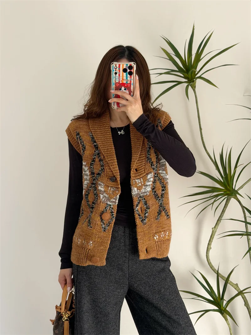 

Вязаный кардиган-жилет из смесовой шерсти с узором Фэр-айл, свободный крой, длинный рукав, для девочек, осень-зима