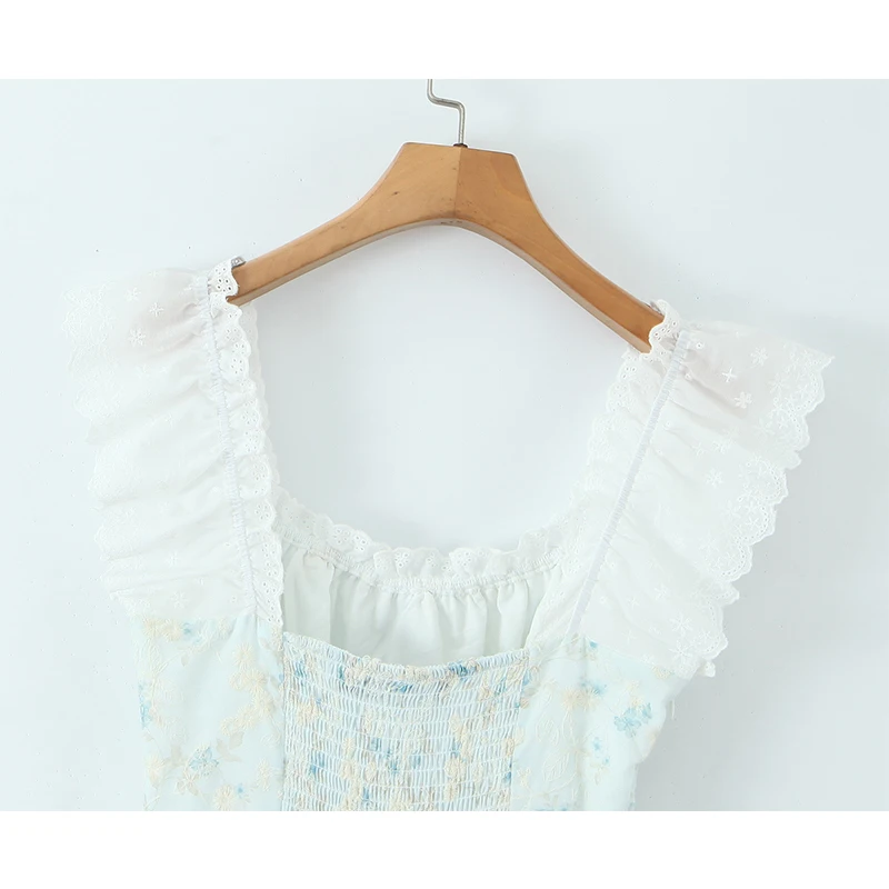 YENKYE Süßes Mädchen Spitze Gespleißt Blumendruck Tank Sommerkleid Frauen Niedrige Taille Rüschensaum A-Linie Minikleid Hübsche Dame Sommerkleid