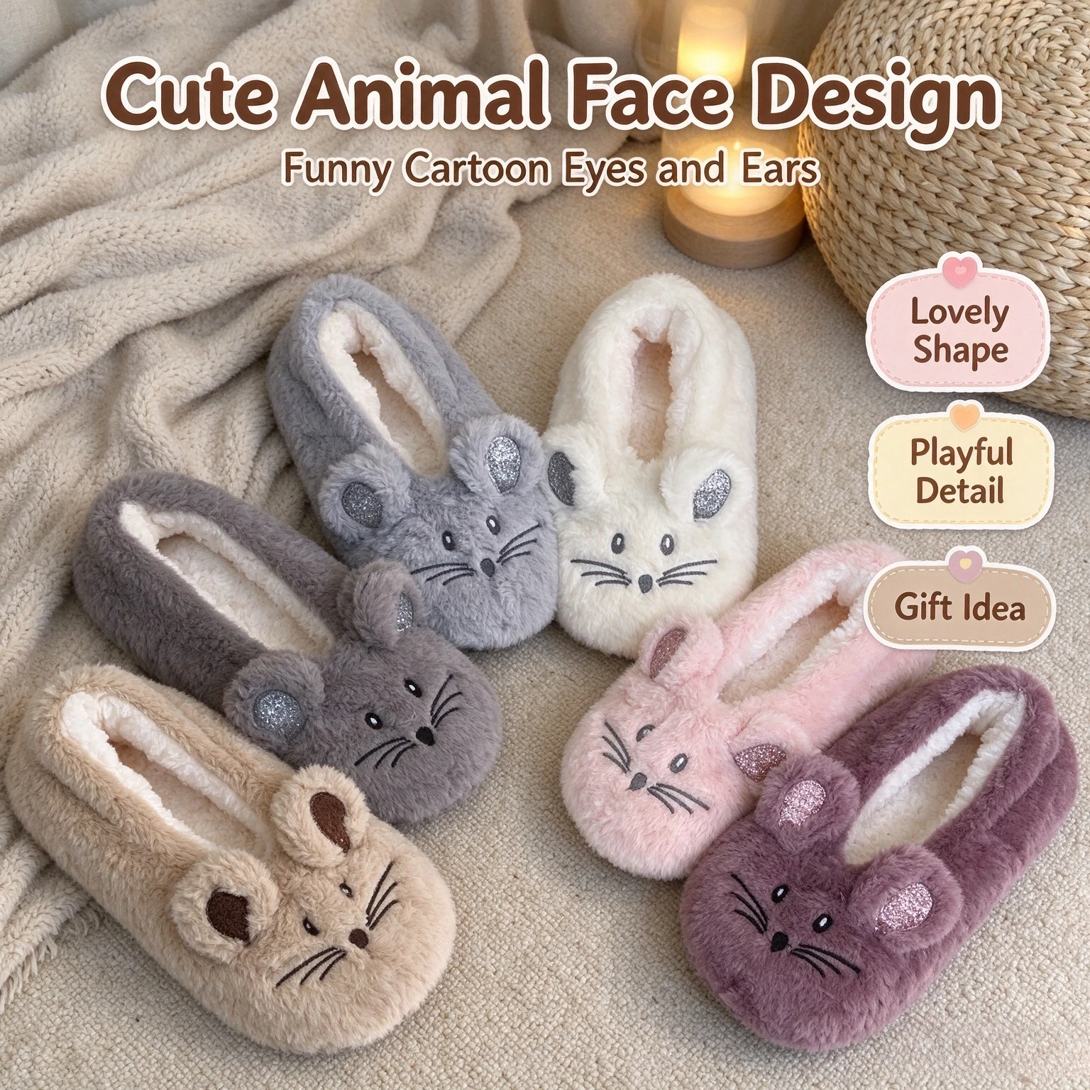 Cute Cartoon Mouse Plush Women Slippers Winter Warm Fluffy Funny Animal Design Indoor Slippers Non Slip Soft Cozy Home Shoes