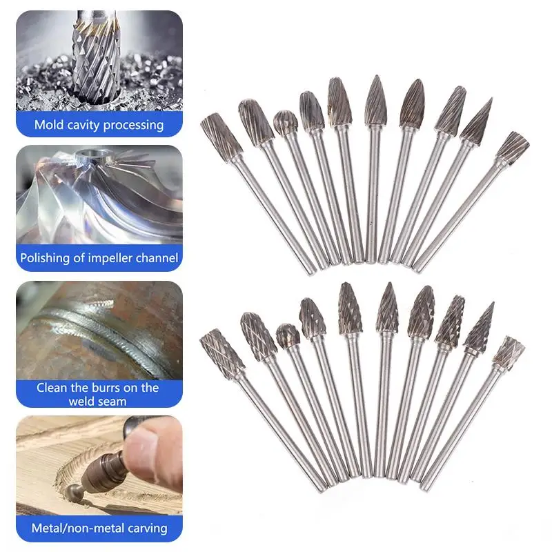 10Pcs 텅스텐 카바이드 버 키트 버 로타리 파일 그라인더 목공 조각 전기 연삭을위한 로타리 도구 Rasp 비트