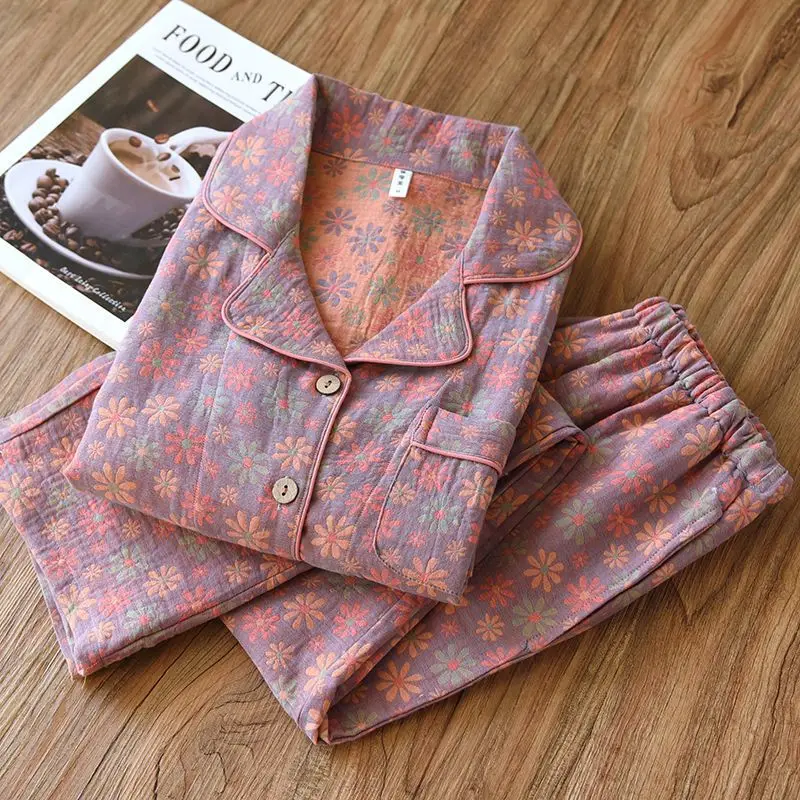 Vintage Print Sleepwear Women Cotton Pajamas Sets Spring and Autumn Woven Gauze Long-sleeved High-end Loose Loungewear New