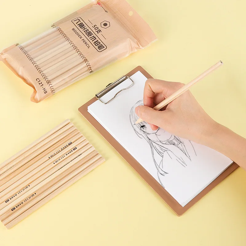 50pcs hb pencils, triangular barrel, natural wood, cartoon design, for drawing