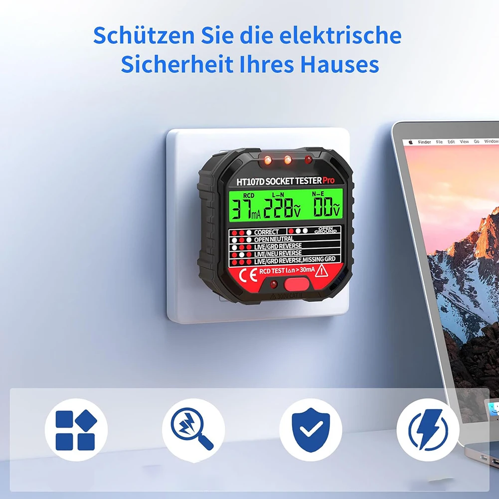 

Socket Tester With One Touch RCD Test And Indicator Light For Fast Electrical Outlet Wiring Verification And Safety Check