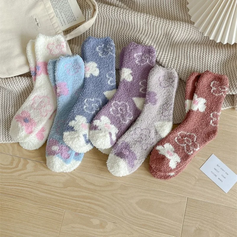 

6-пары женских носков из кораллового флиса с растительным цветком и утолщенным флисом для зимнего тепло, милые и милые женские носки для сна