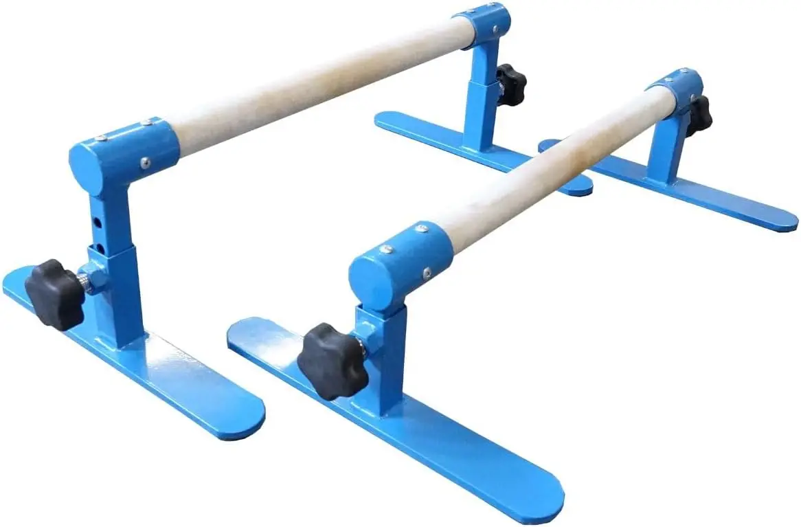 Adjustable Parallette Bars, Blue, Solid Beech Wood, Steel Frame, 6-8.5in Height