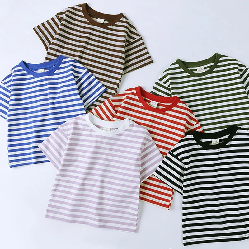 Children's T-shirts Summer Boys Girls Short Sleeve Striped Tops for Kids O-neck Casual Loose Tops Tees Cotton Bottoming Shirts