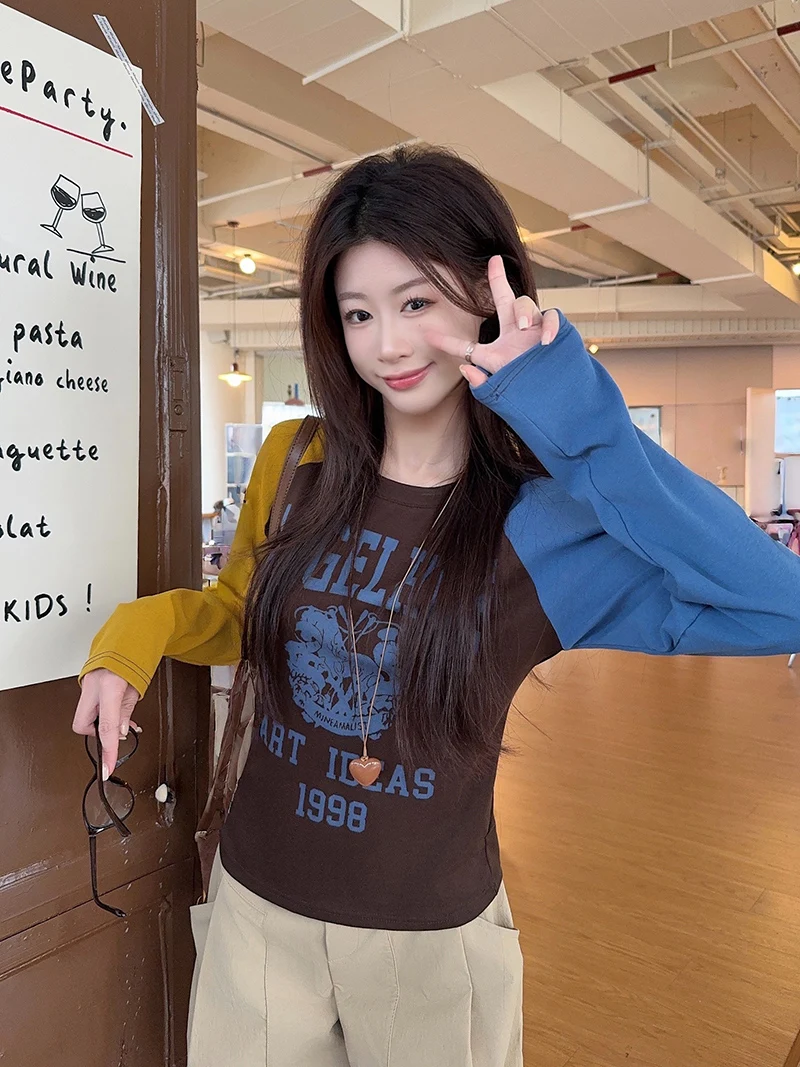 2026 New Women‘s Long Sleeve T-Shirt Raglan Sleeve Color Block Letter Print Slim Fit Lightweight Round Neck Casual Top