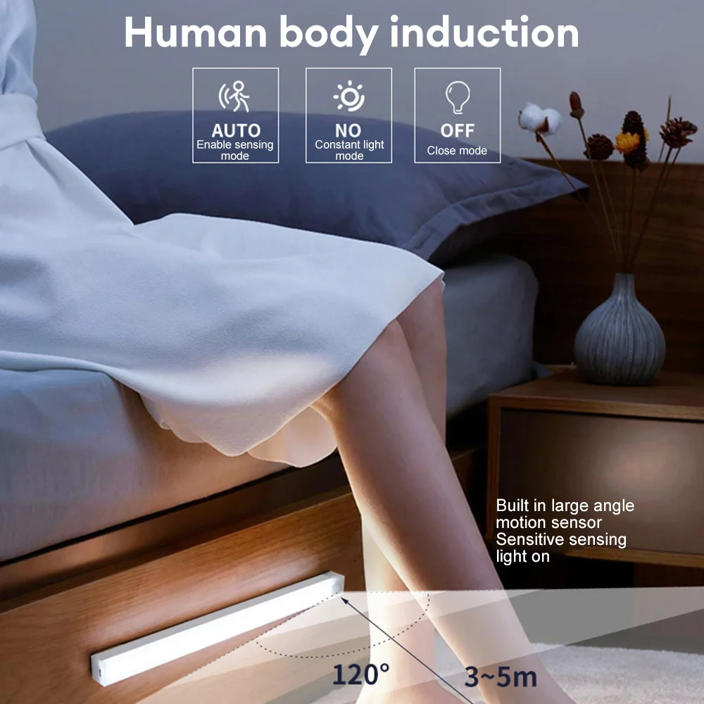 LED Motion Sensor Night Light USB Charging Smart Light Cabinet Lamp Wireless Human Body Induction For Kitchen Bedroom Bathroom