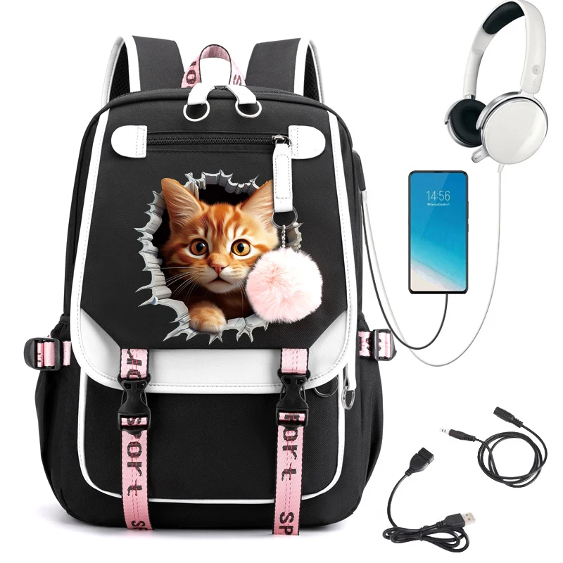 Kawaii Cat Print Backpack Children School Bags for Girls School Backpack Bag Waterproof Primary Schoolbag Book Bag Usb Mochila