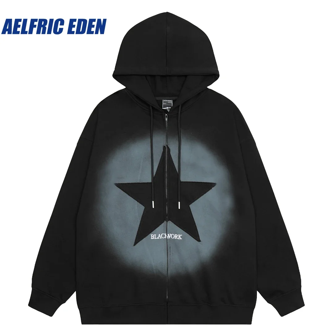 

Aelfric Eden Vintage Pentagram Zip Up Hoodie Y2K Star Pullover Streetwear Men Hiphop Retro Loose Splicing Harajuku Casual Hoodie