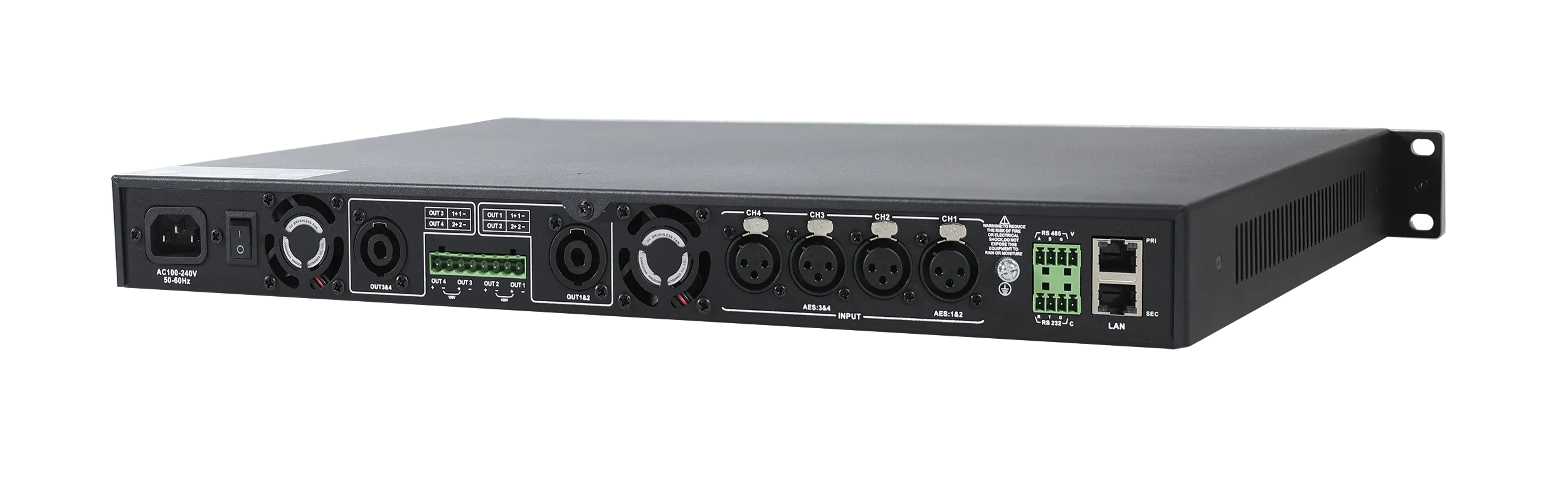 Networked 4CH DSP Power Amplifier with /AES Input, FIR Filters and Multi-Protocol Control for Large-Scale Audio Integration