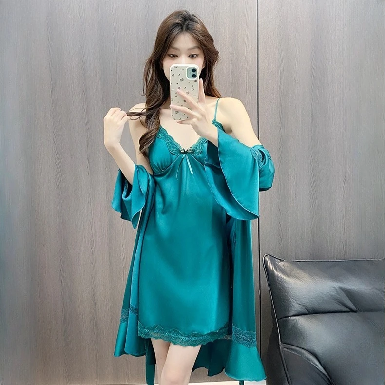 

2PCS Lace Sleepwear Sleep Set Womens Satin Bathrobe Loungewear Dressing Gown Suit Kimono Robe Nightwear Summer Nightgown