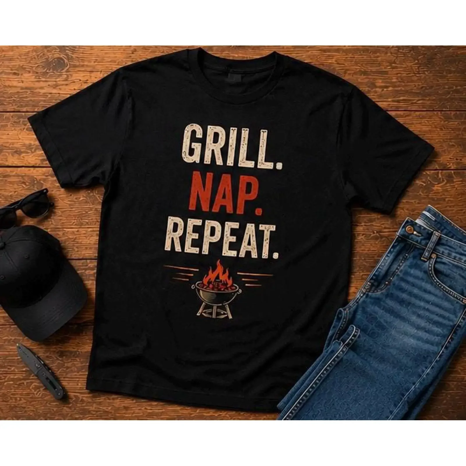 Grill Nap Repeat T Shirt BBQ Grilling  vintage Washed Slightly graphic homme fashion Soft Unisex streetwear designer clothes