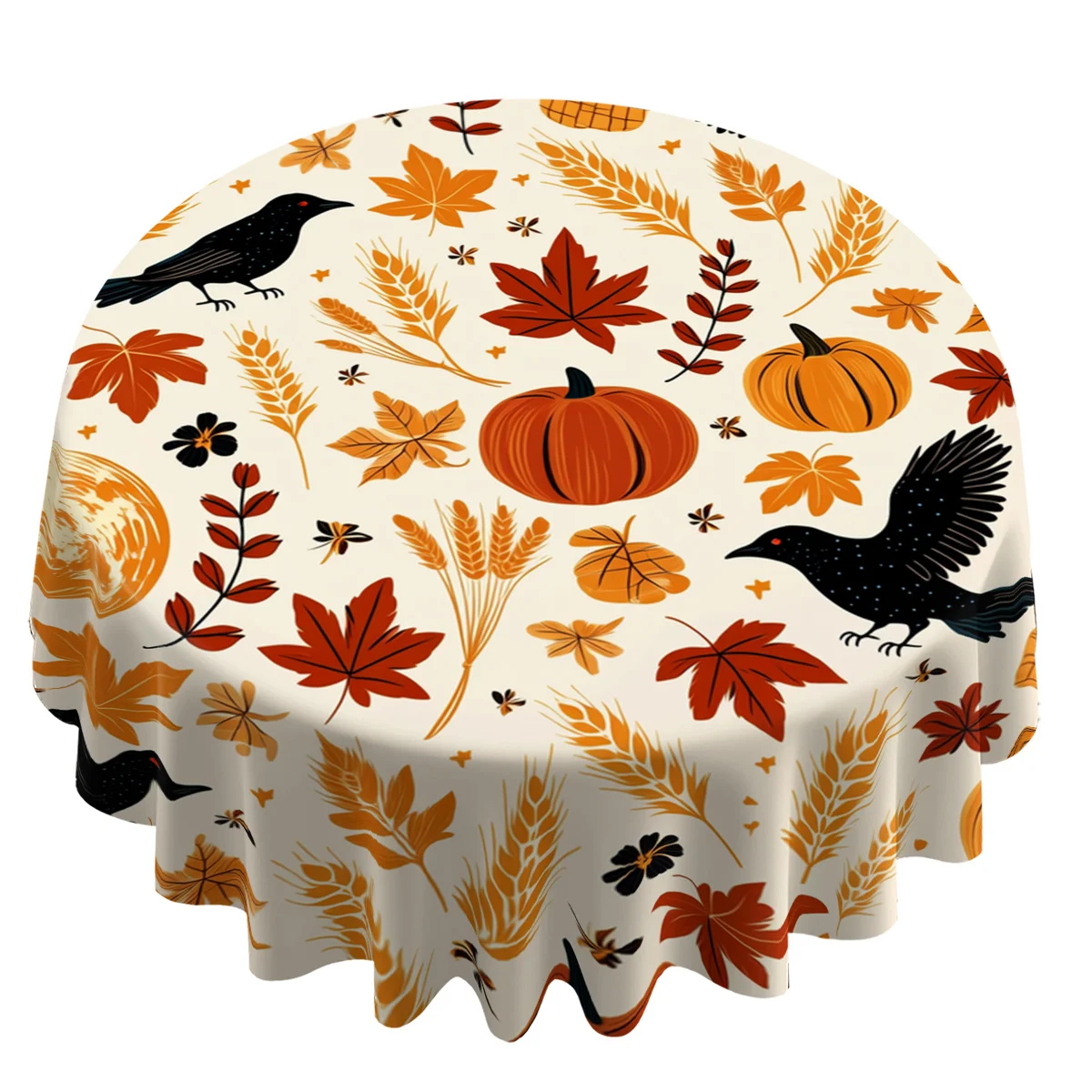 1pc Round Tablecloth, 2D Pattern Printed Round Tablecloth with Pumpkin, Crow, Maple Leaf, Wheat And Crescent 60In