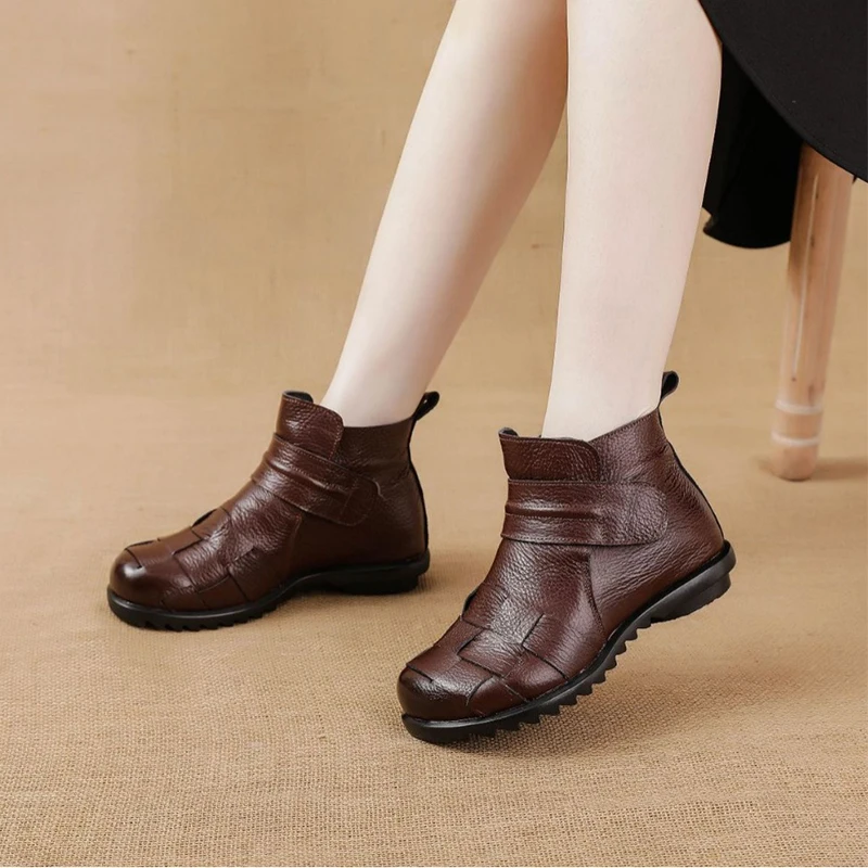 Winter Cotton Genuine Leather Wool Mother Shoes Short Boots First Layer Of Cowhide Ethnic Style Boots