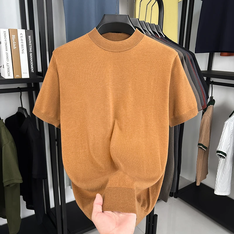 

Silk Wool Men Basic Tops Spring Summer Casual Mock Neck Thin Knit t-shirt Short Sleeve Knitwear Pullover Wool Slim Shirts