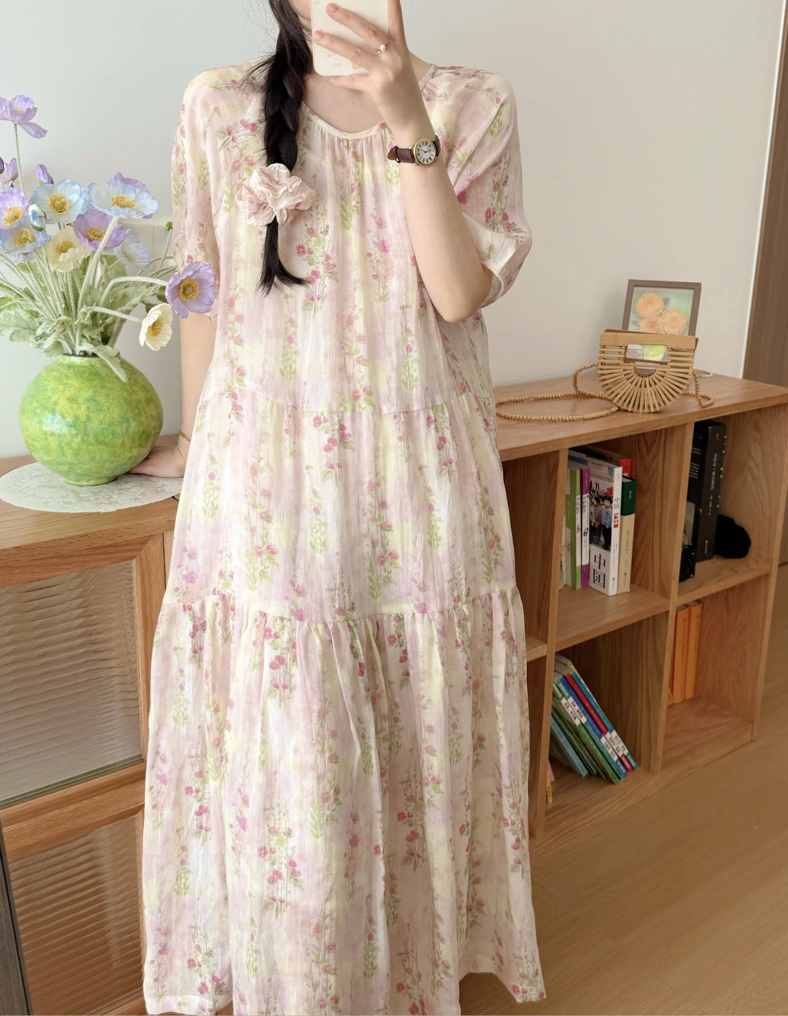 Abito estivo da donna 2025 in cotone e lino floreale Abito lungo ampio e sottile Boho Casual Beach