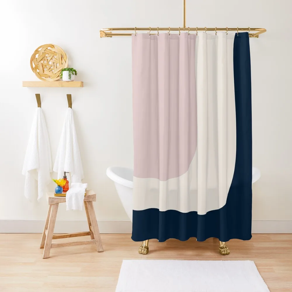 Triple Wave Minimalist Pattern in Pink Blueberry Cream, Cream, and Navy Blue Shower Curtain Bathroom Accessory Window Curtain