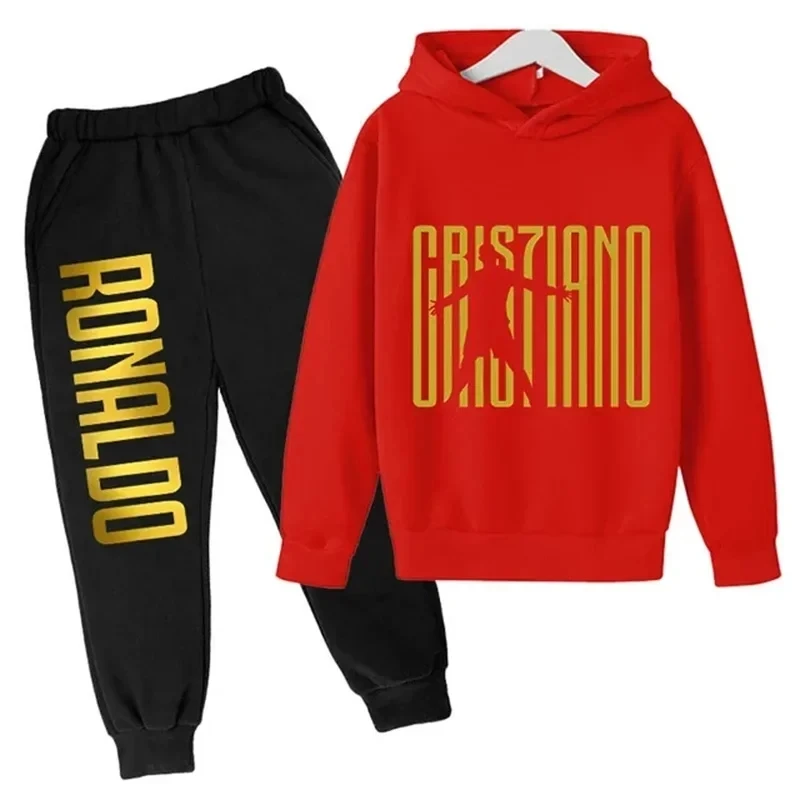 Autumn and winter Ronaldo creative printed children\'s hoodie set autumn and winter warm fleece hooded pants two-piece set sports