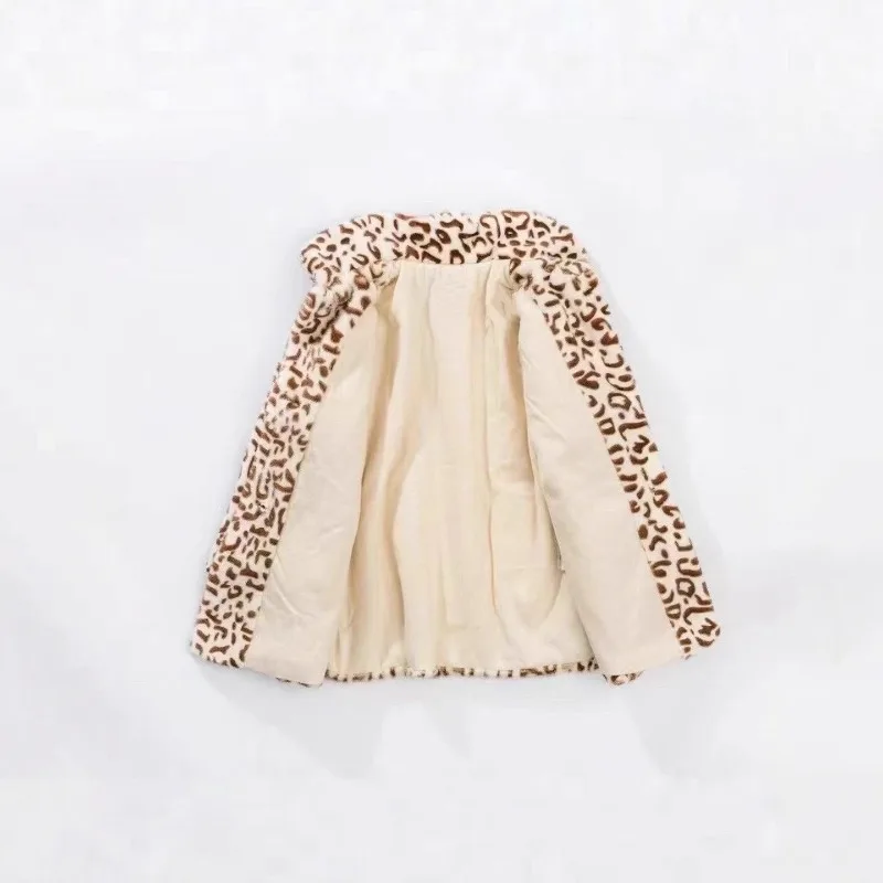 Girl's Autumn and Winter Leopard Print Eco-friendly Faux Fur Coat with A Down Cotton Mid-length Lapel Children Coat