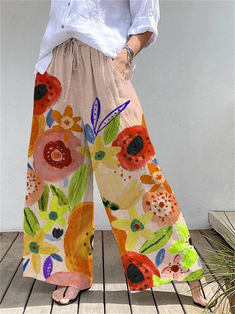 المرأة فضفاضة تناسب عارضة في الهواء الطلق الشارع الشهير واسعة الساق السراويل مع 3D الأزهار طباعة أنيقة ومتعددة الاستخدامات السراويل اليومية غير رسمية